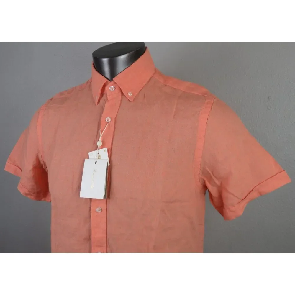 Mens Porter & Ash‎ Short Sleeve Button Front Linen Shirt Orange Peach Size M New